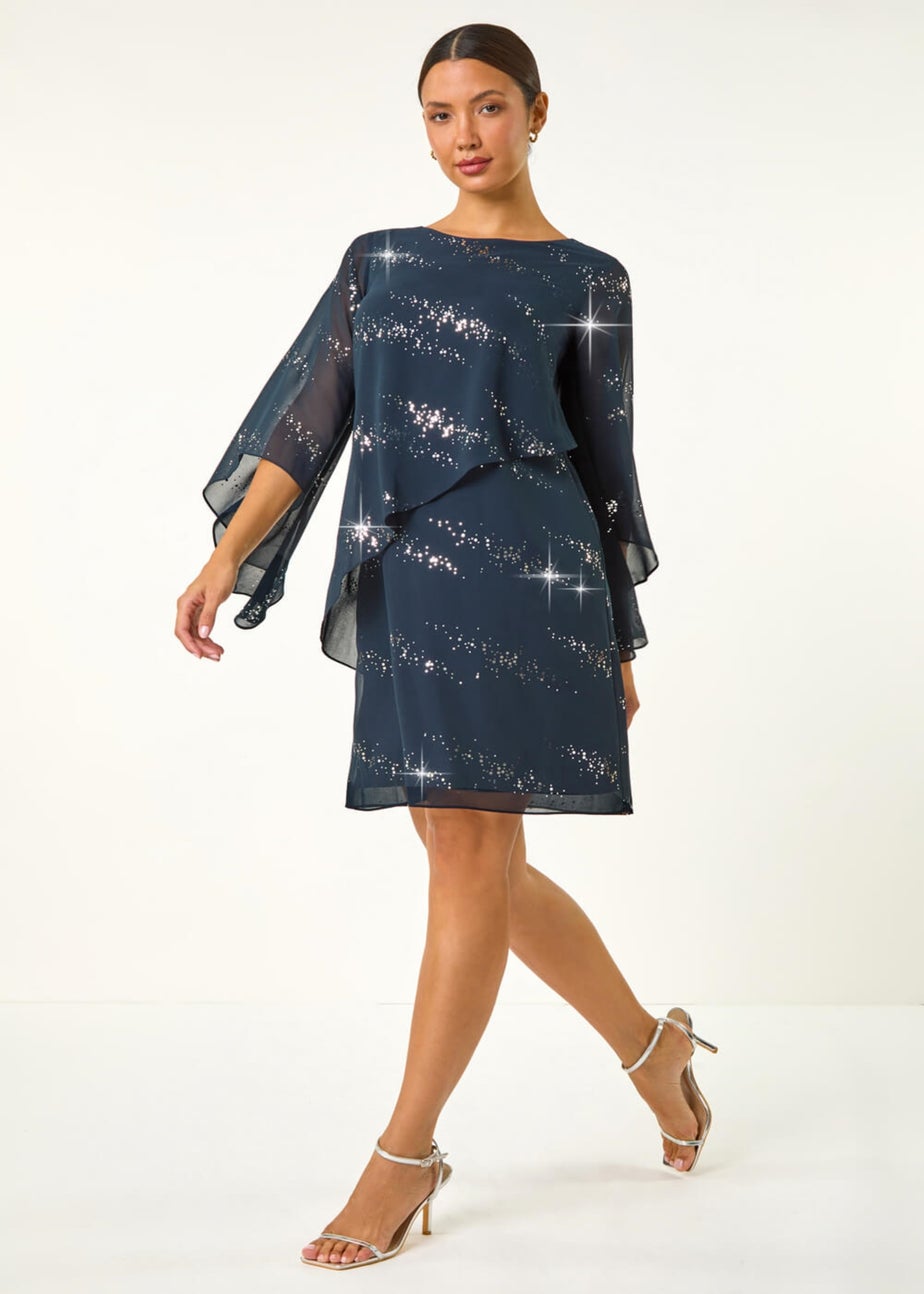 Roman Navy Sequin Embellished Asymmetric Overlay Dress