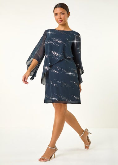 Roman Navy Sequin Embellished Asymmetric Overlay Dress