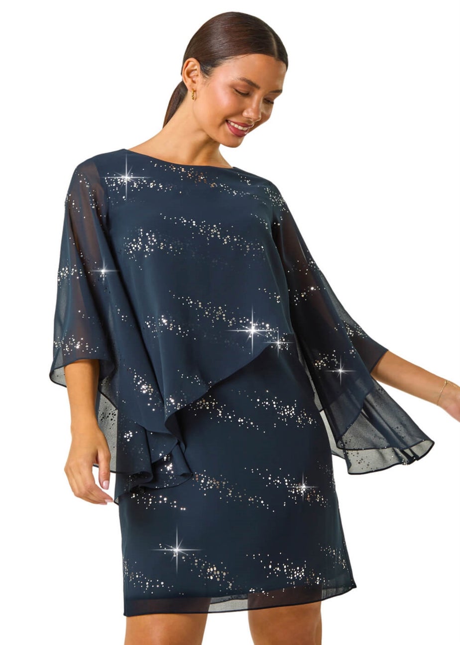 Roman Navy Sequin Embellished Asymmetric Overlay Dress
