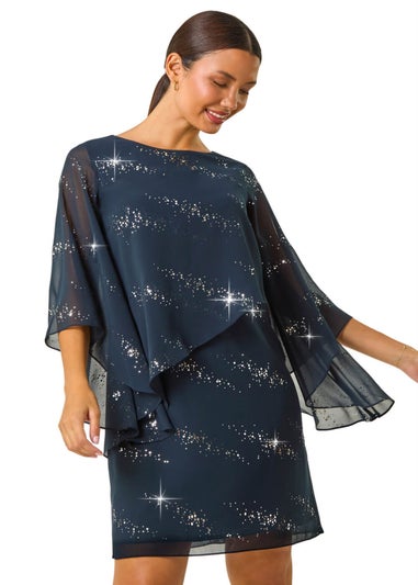 Roman Navy Sequin Embellished Asymmetric Overlay Dress