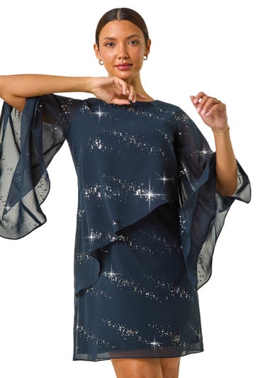 Roman Navy Sequin Embellished Asymmetric Overlay Dress