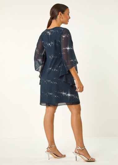 Roman Navy Sequin Embellished Asymmetric Overlay Dress