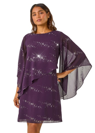 Roman Purple Sequin Embellished Asymmetric Overlay Dress