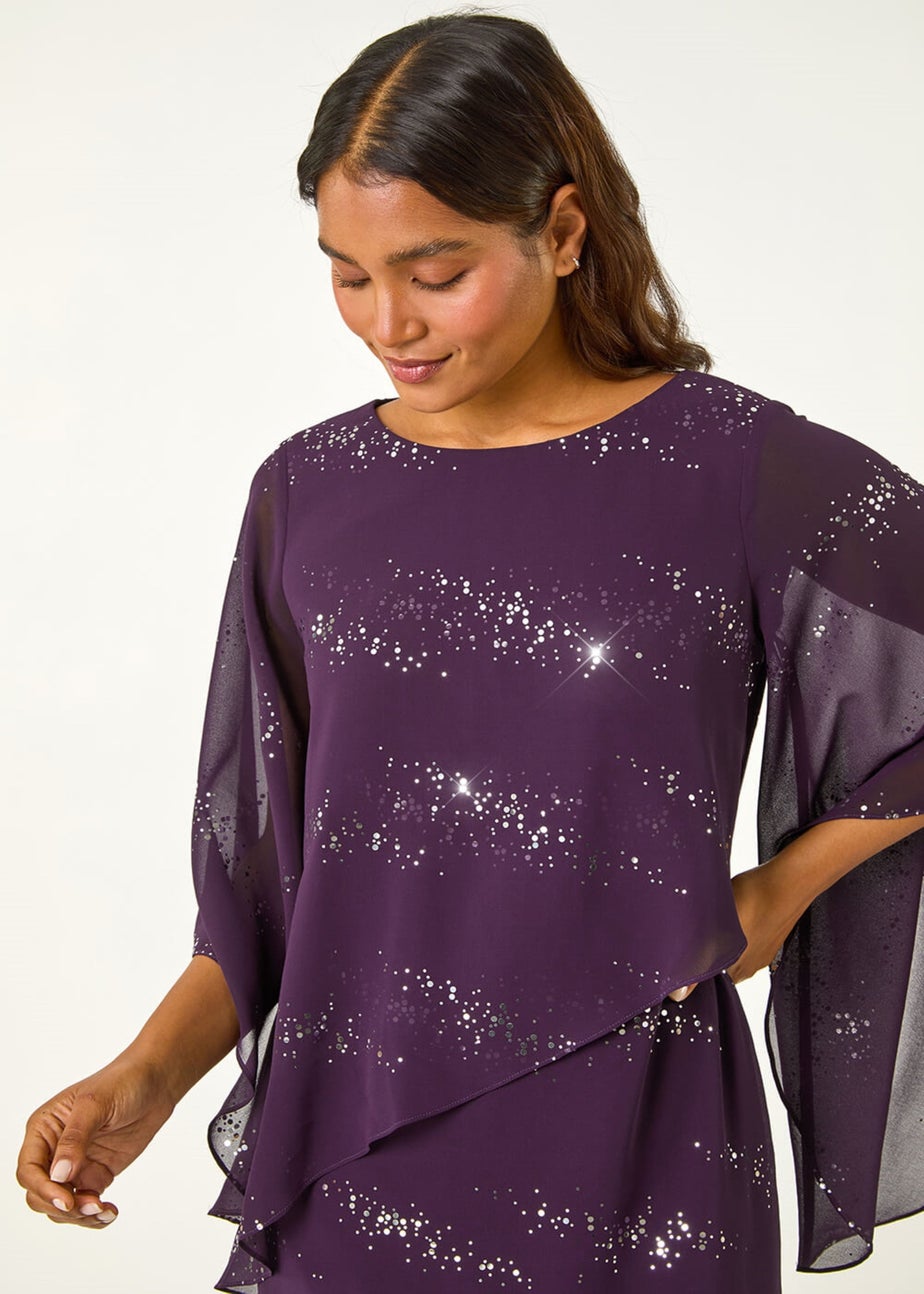 Roman Purple Sequin Embellished Asymmetric Overlay Dress