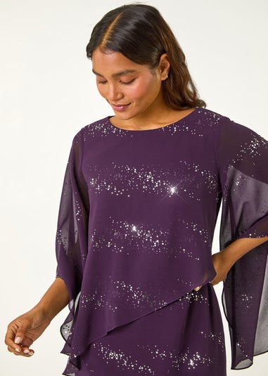 Roman Purple Sequin Embellished Asymmetric Overlay Dress