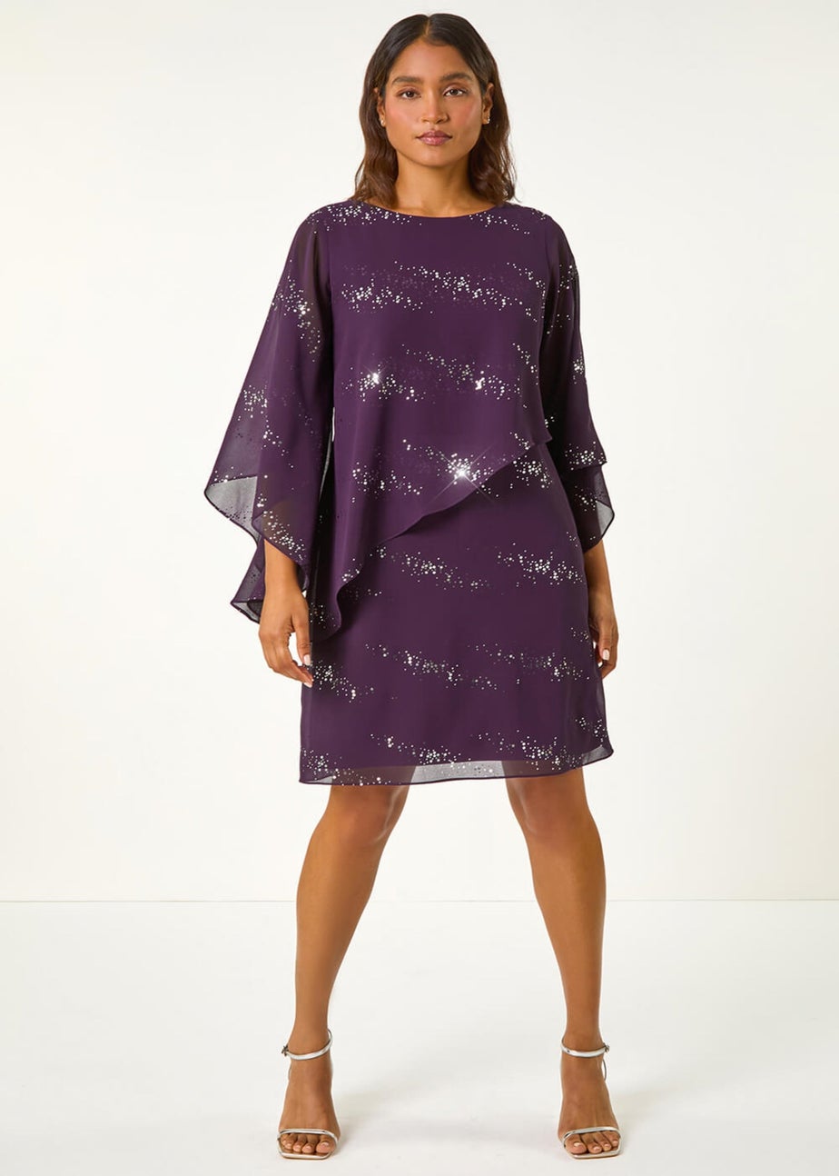 Roman Purple Sequin Embellished Asymmetric Overlay Dress