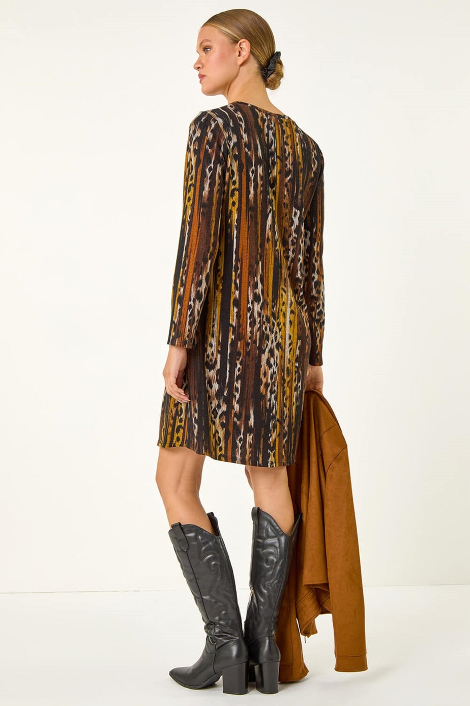 Roman Tan Animal Print Shift Midi Dress