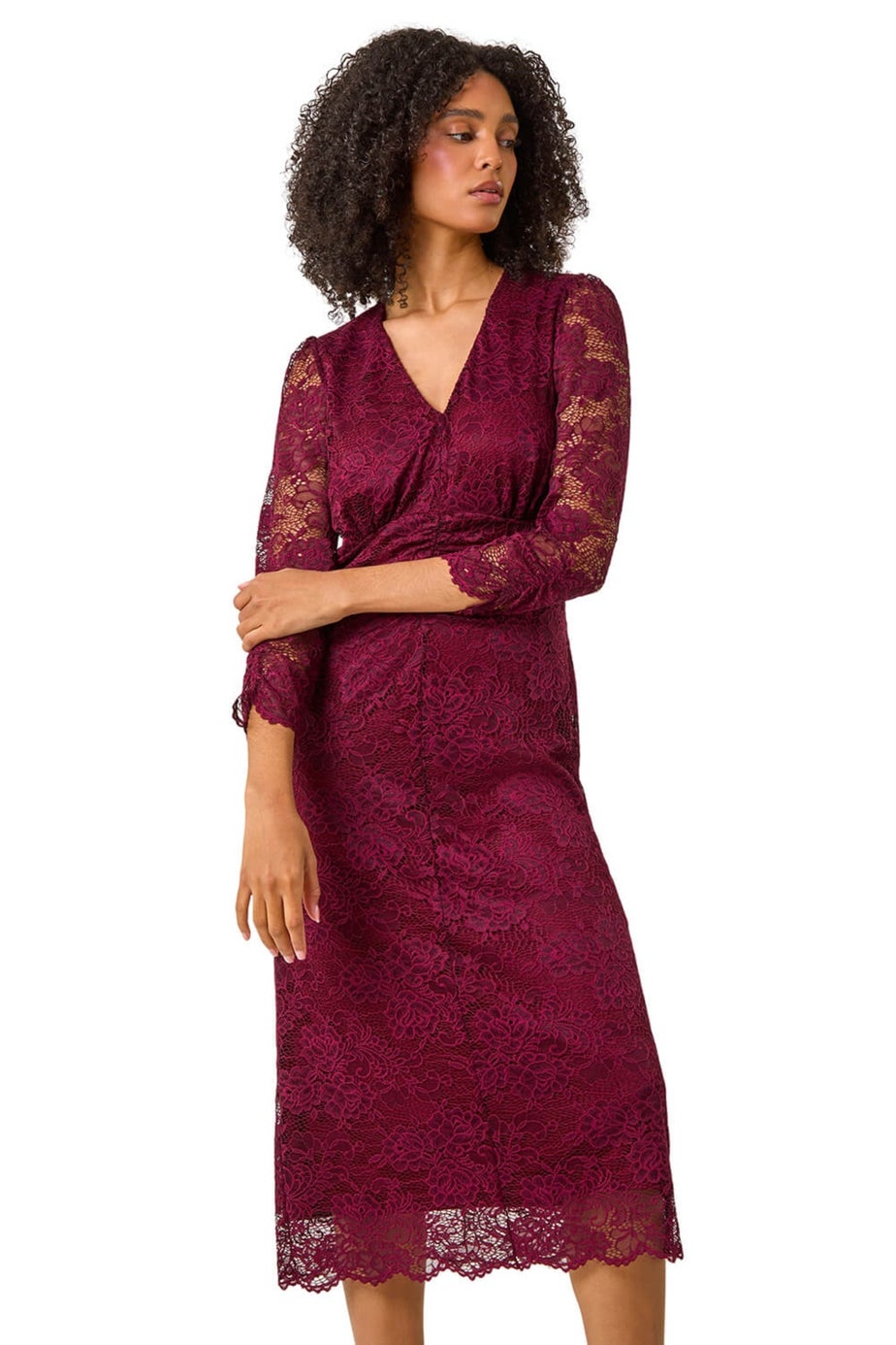 Roman Burgundy Corded Lace Midi Dress