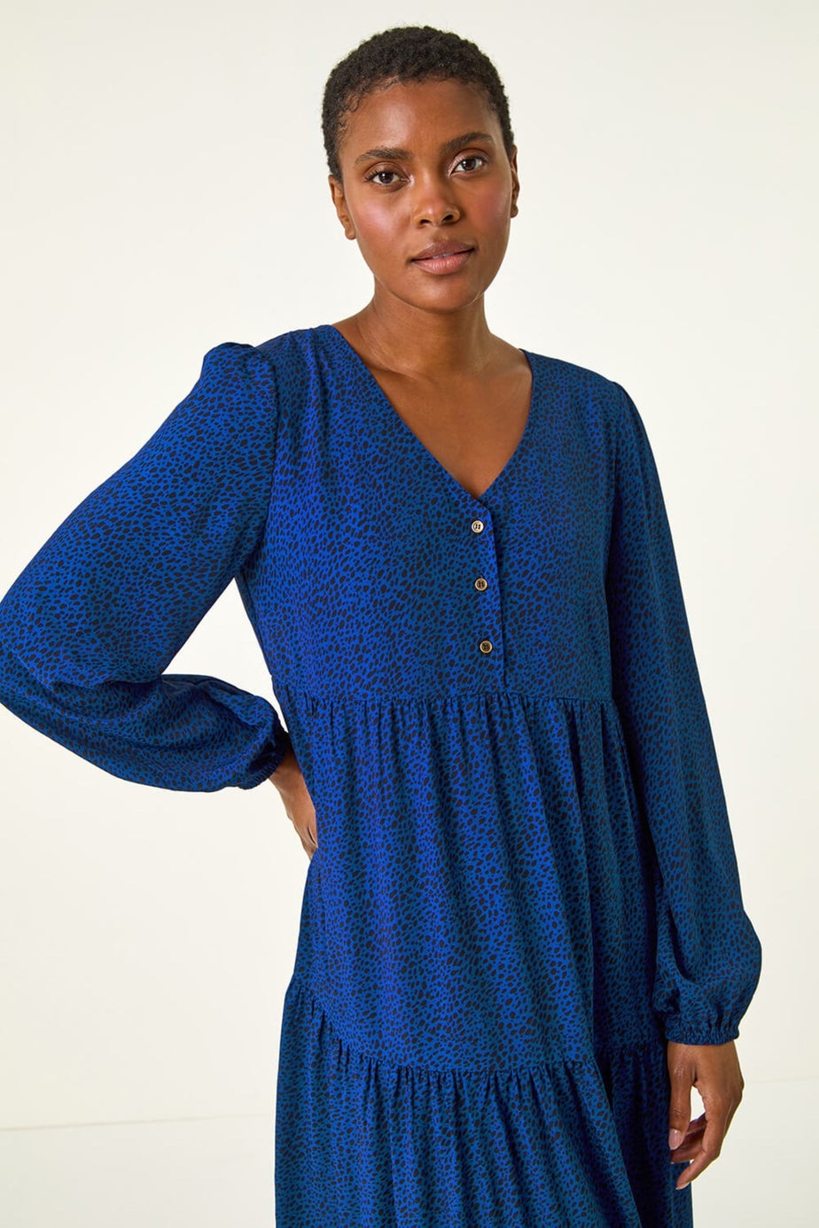 Roman Blue Spot Button Detail Smock Midi Dress