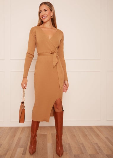 Chi Chi London  Natural Wrap Split Side Knitted Midi Dress