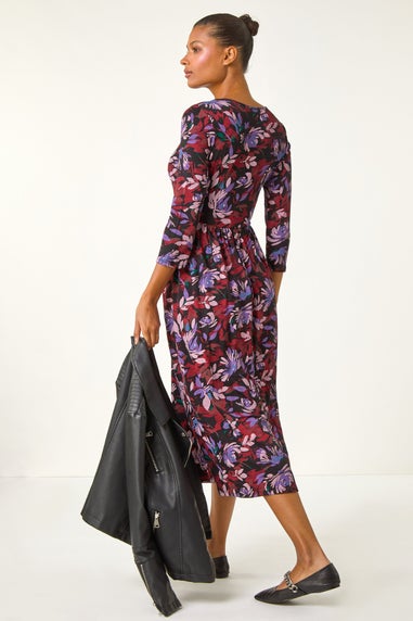 Roman Purple Floral Print Gathered Stretch Midi Dress