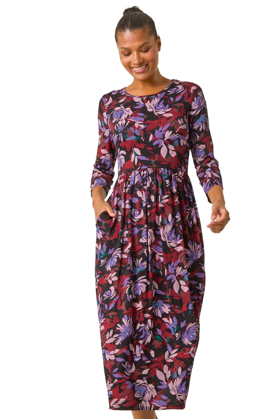 Roman Purple Floral Print Gathered Stretch Midi Dress