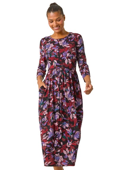Roman Purple Floral Print Gathered Stretch Midi Dress
