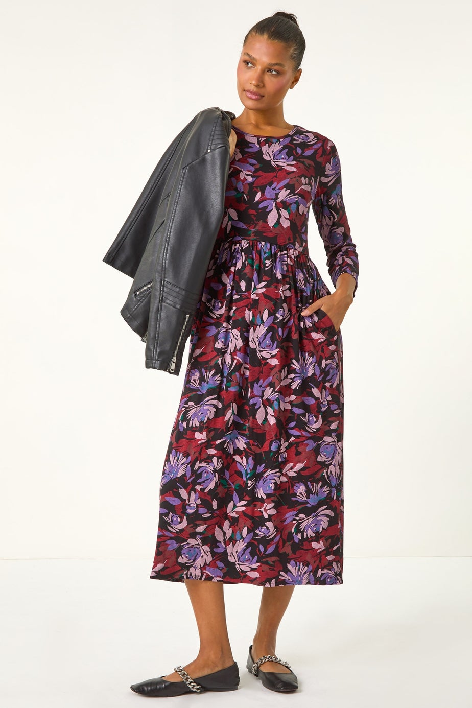 Roman Purple Floral Print Gathered Stretch Midi Dress