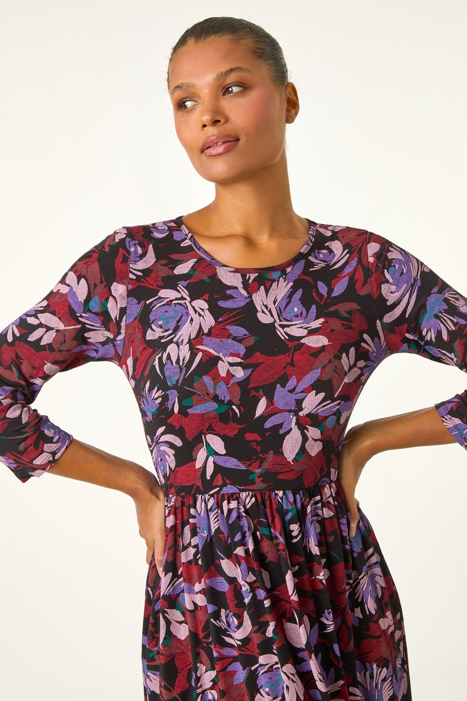 Roman Purple Floral Print Gathered Stretch Midi Dress