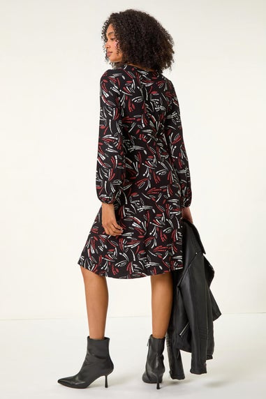 Roman Black Abstract Print Gathered Stretch Dress