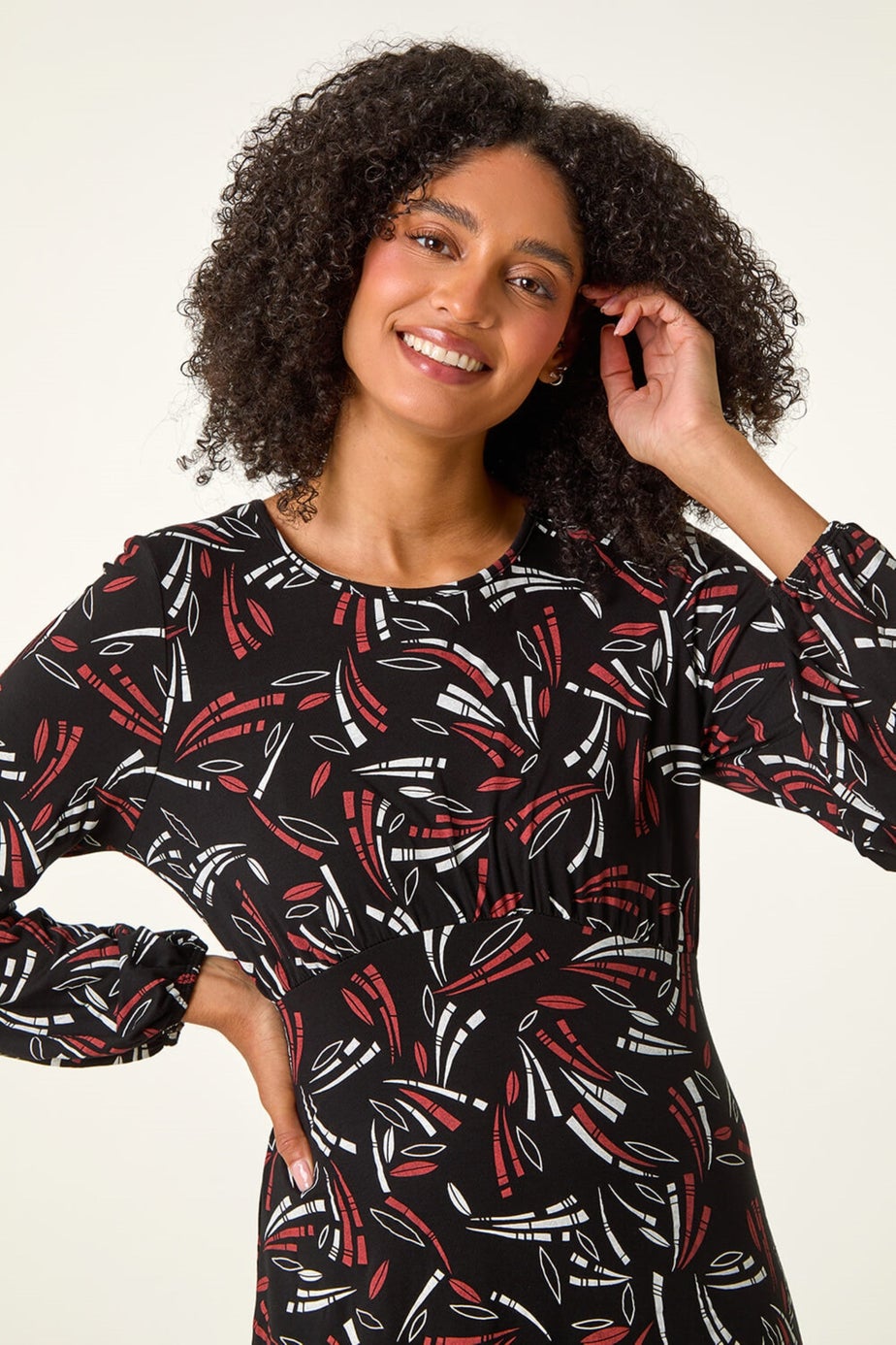 Roman Black Abstract Print Gathered Stretch Dress