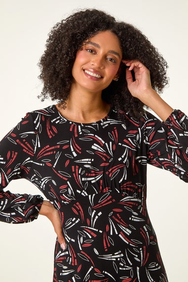 Roman Black Abstract Print Gathered Stretch Dress