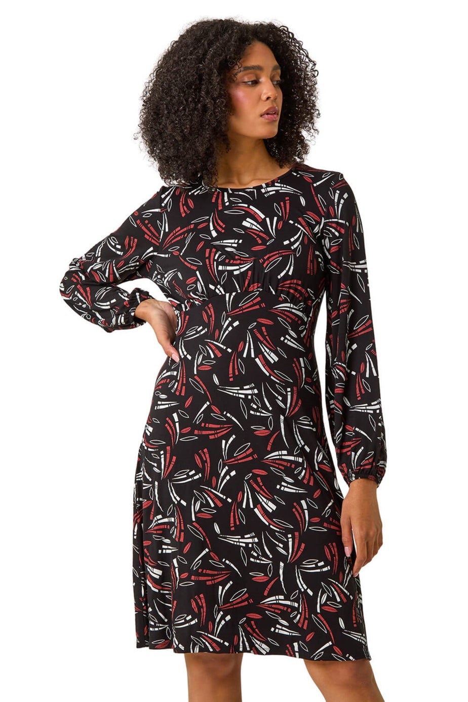 Roman Black Abstract Print Gathered Stretch Dress