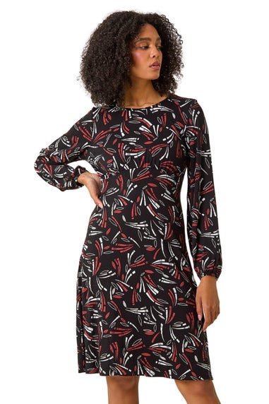 Roman Black Abstract Print Gathered Stretch Dress