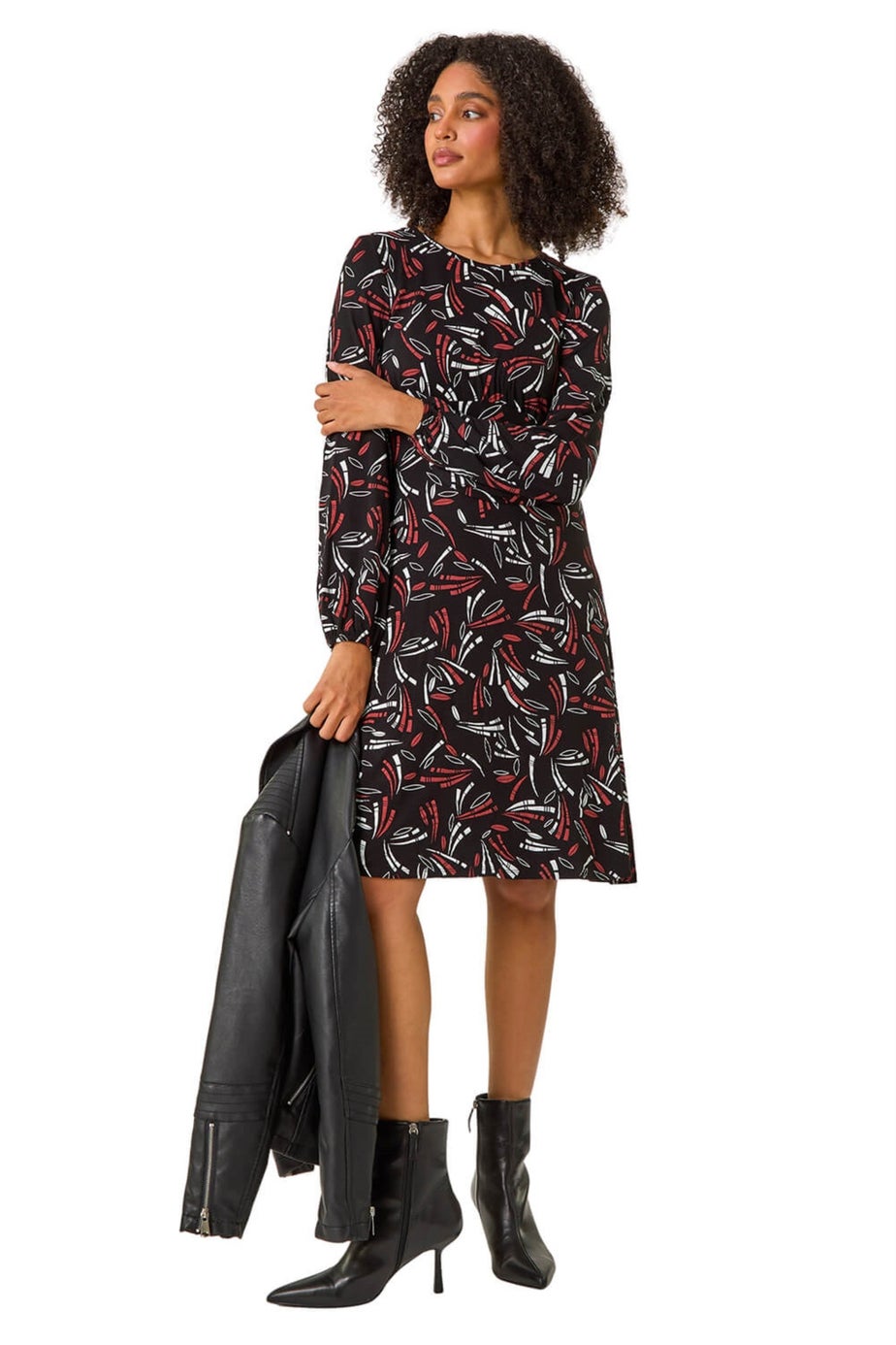 Roman Black Abstract Print Gathered Stretch Dress