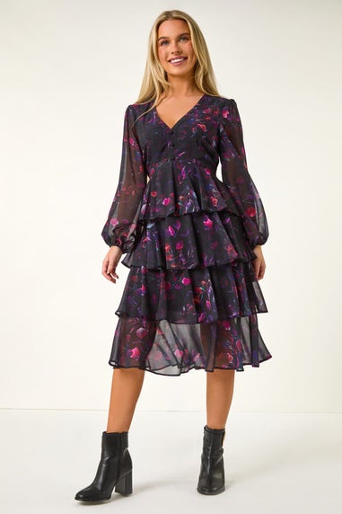 Roman Black Petite Floral Print Tiered Midi Dress