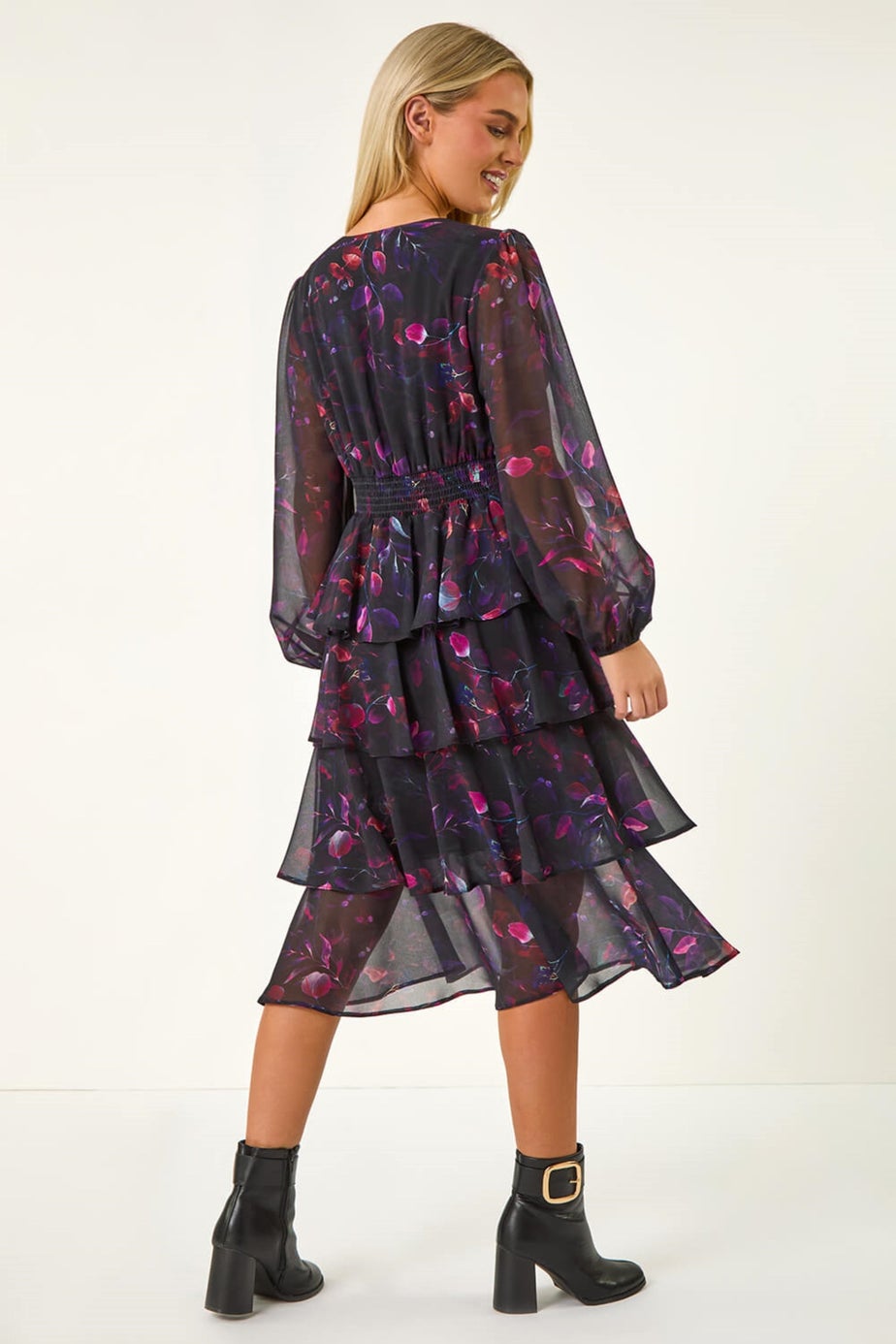 Roman Black Petite Floral Print Tiered Midi Dress