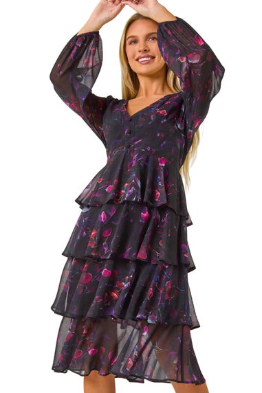 Roman Black Petite Floral Print Tiered Midi Dress