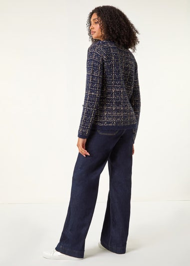 Roman Midnight Blue Textured Pattern Pocket Detail Cardigan