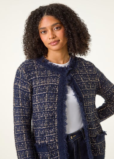 Roman Midnight Blue Textured Pattern Pocket Detail Cardigan