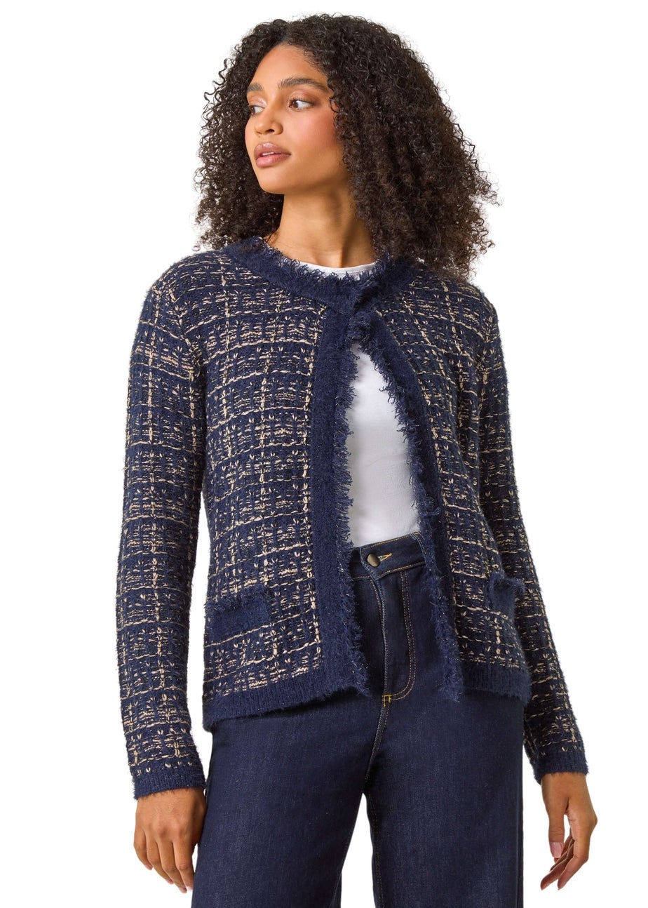 Roman Midnight Blue Textured Pattern Pocket Detail Cardigan