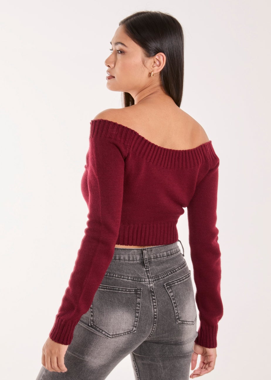 Pink Vanilla Red Off Shoulder Crop Knit Top