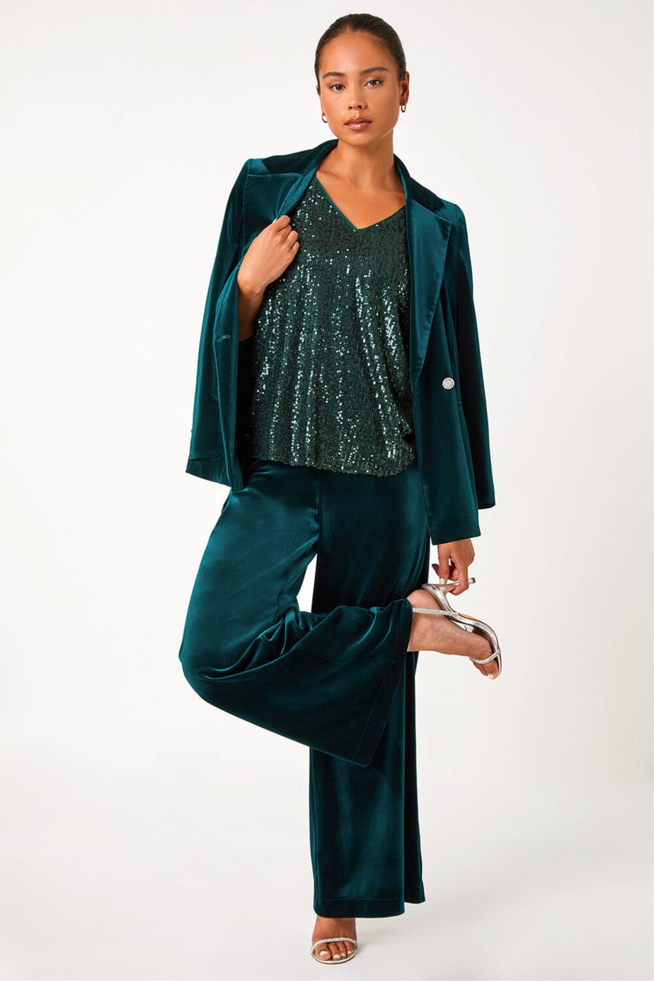 Roman Forest Green Petite Wide Leg Velvet Stretch Trouser