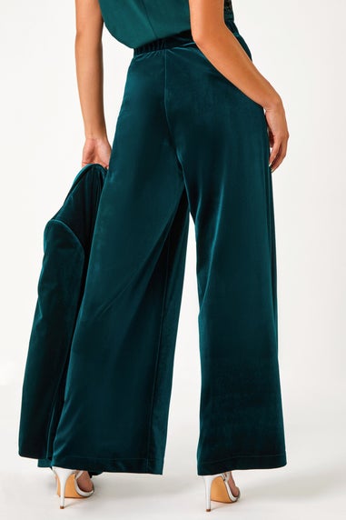 Roman Forest Green Petite Wide Leg Velvet Stretch Trouser