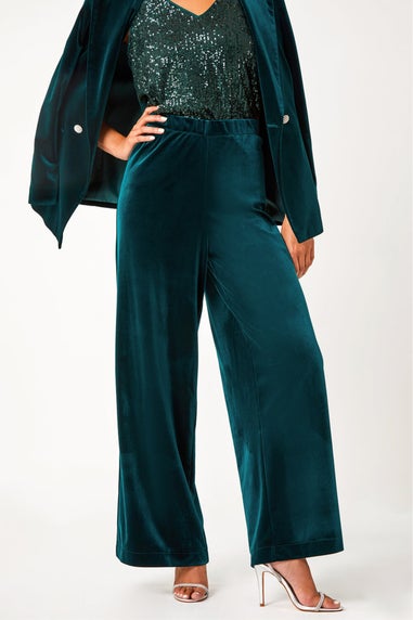 Roman Forest Green Petite Wide Leg Velvet Stretch Trouser