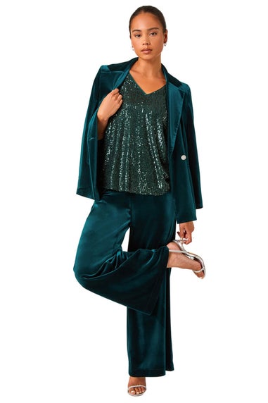 Roman Forest Green Petite Wide Leg Velvet Stretch Trouser
