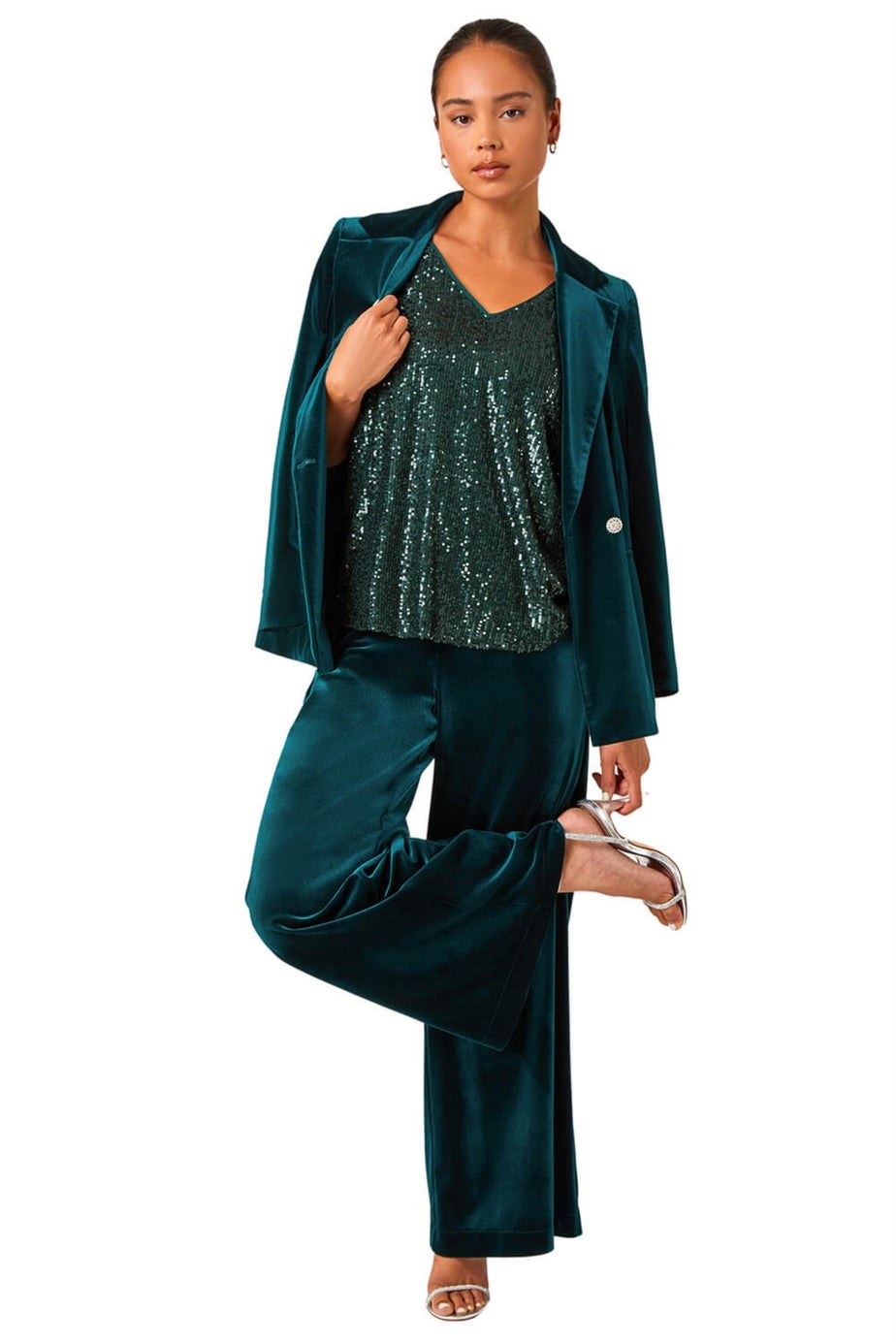 Roman Forest Green Petite Wide Leg Velvet Stretch Trouser