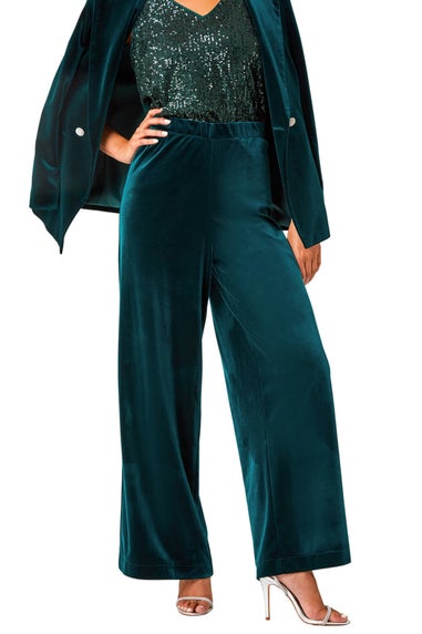 Roman Forest Green Petite Wide Leg Velvet Stretch Trouser