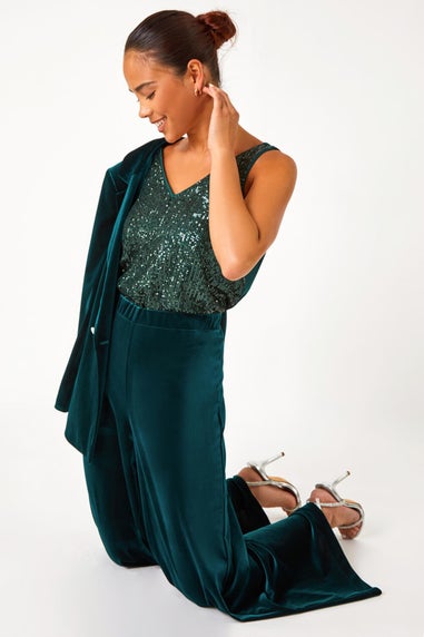 Roman Forest Green Petite Wide Leg Velvet Stretch Trouser