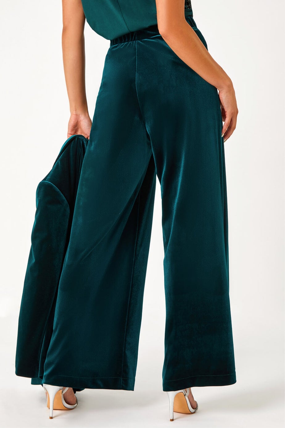 Roman Forest Green Petite Wide Leg Velvet Stretch Trouser