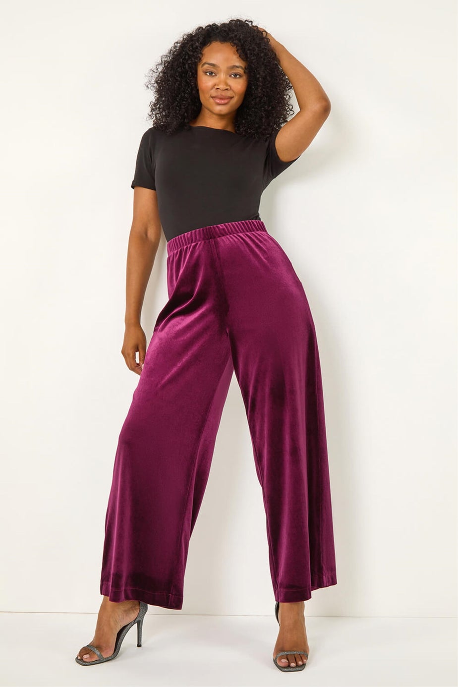 Roman Plum Petite Wide Leg Velvet Stretch Trouser