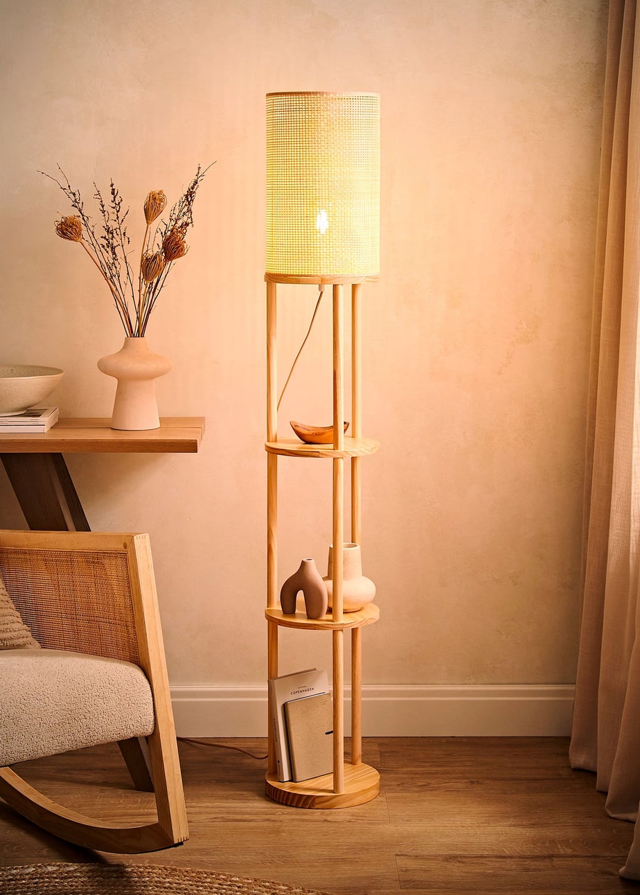 ValueLights Elsa Oak Effect Natural Floor Lamp with Natural Drum Shade
