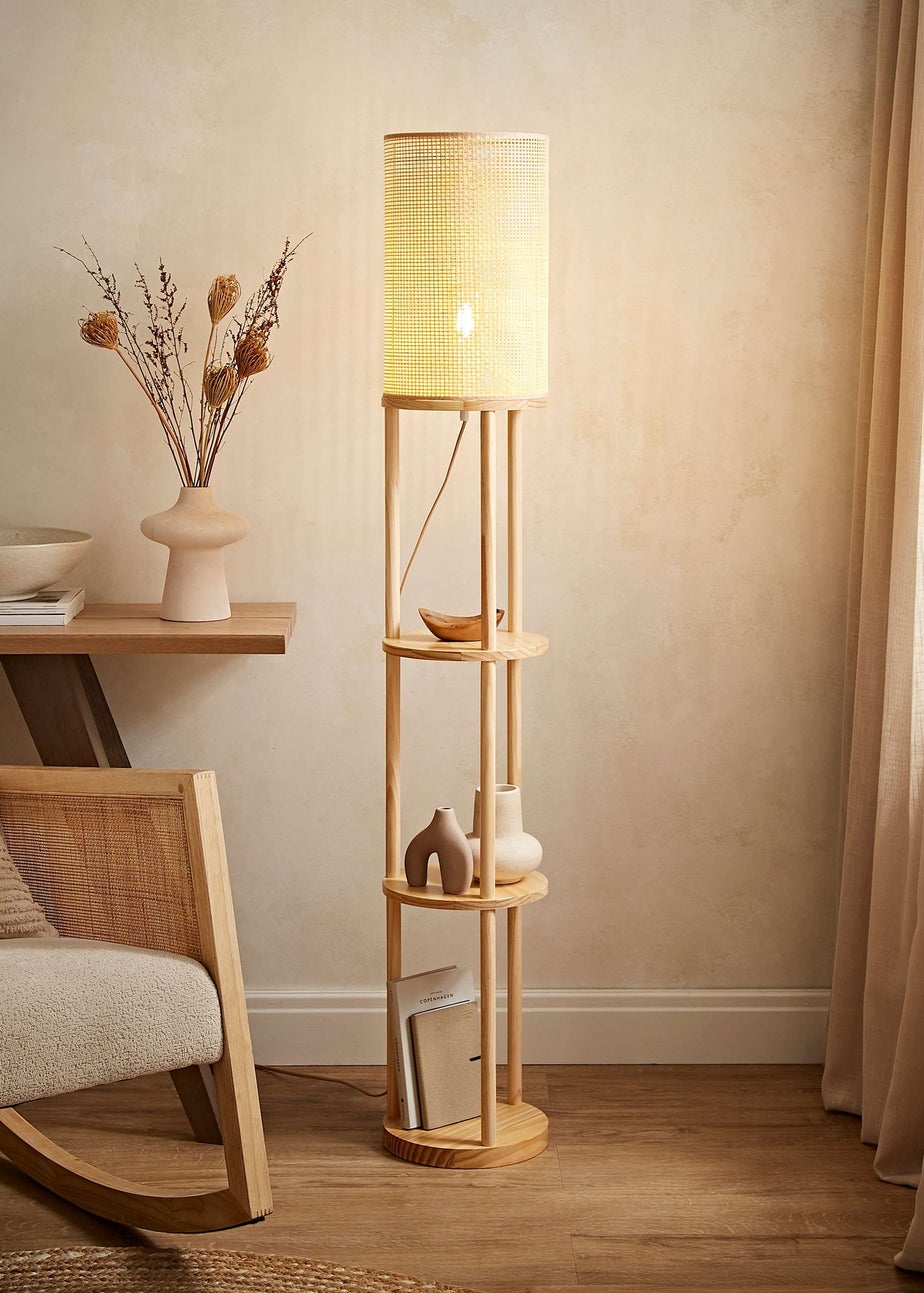 ValueLights Elsa Oak Effect Natural Floor Lamp with Natural Drum Shade