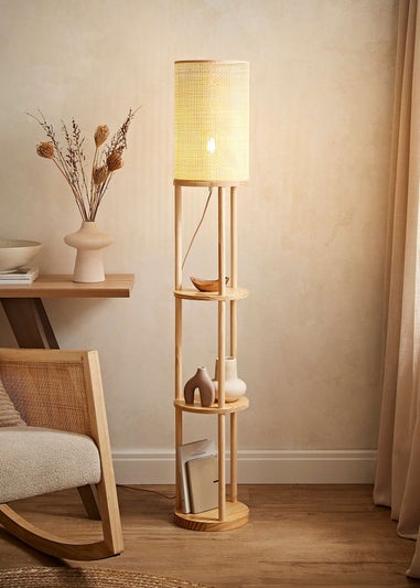 ValueLights Elsa Oak Effect Natural Floor Lamp with Natural Drum Shade