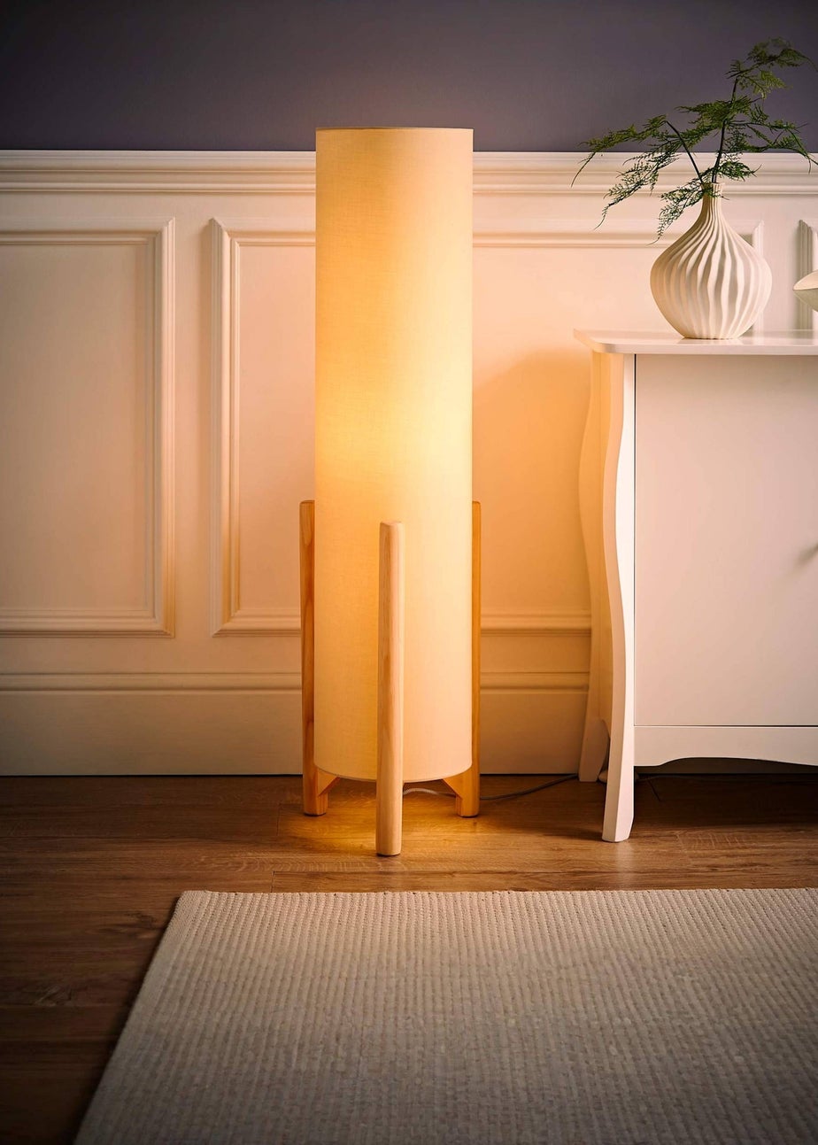 ValueLights Henry Oak Effect Natural Floor Lamp with XL Drum Shade