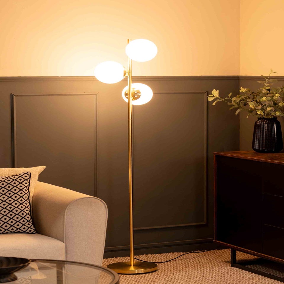 ValueLights Jas Gold Floor Lamp with White Globe Shade (159cm x 31cm x 31cm)