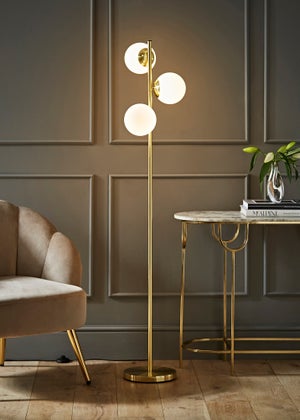 ValueLights Jas Gold Floor Lamp with White Globe Shade (159cm x 31cm x 31cm)