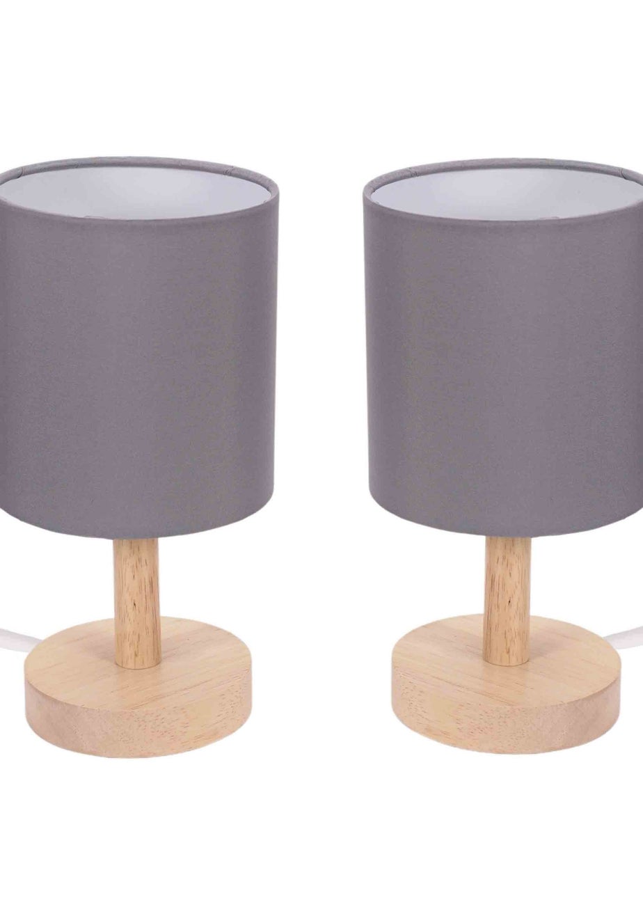 ValueLights Pair of Oak Natural Table Lamp with Grey Drum Shade
