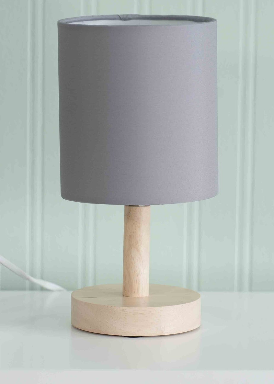 ValueLights Pair of Oak Natural Table Lamp with Grey Drum Shade