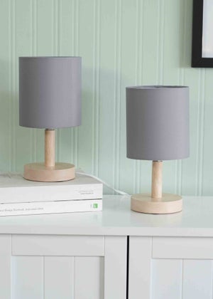 ValueLights Pair of Oak Natural Table Lamp with Grey Drum Shade
